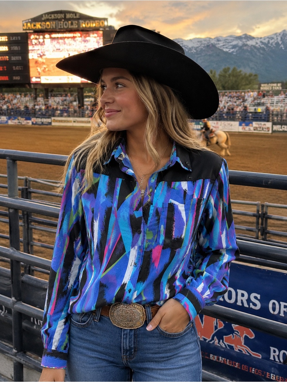 Vintage Roper Western Abstract Print Button-Up Shirt in Blue
